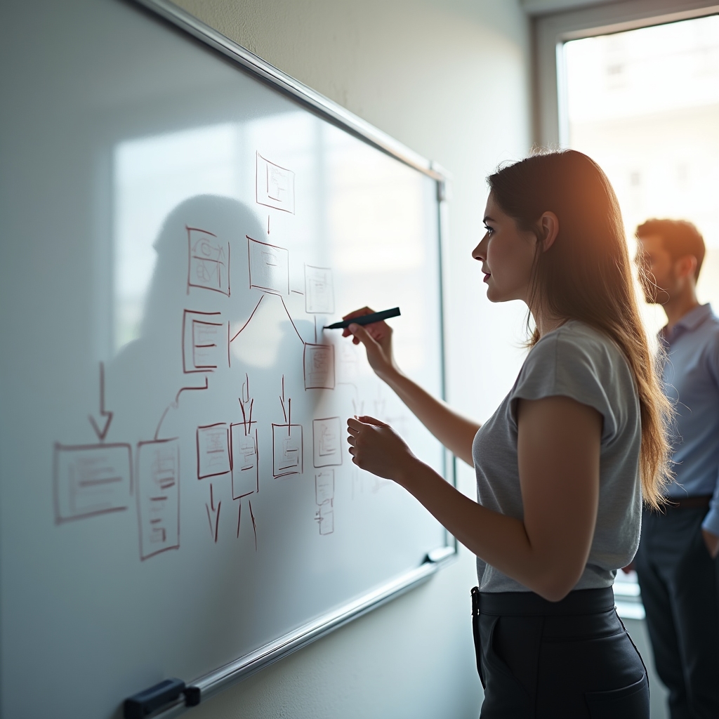 Conceito de delegação: líder distribuindo tarefas para equipe em quadro branco
