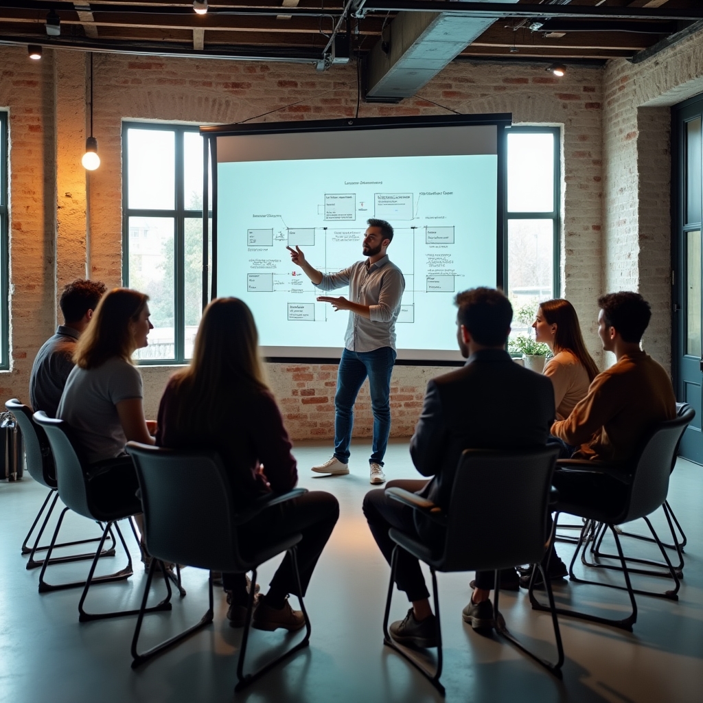 Workshop em grupo com líderes participando de dinâmica de desenvolvimento