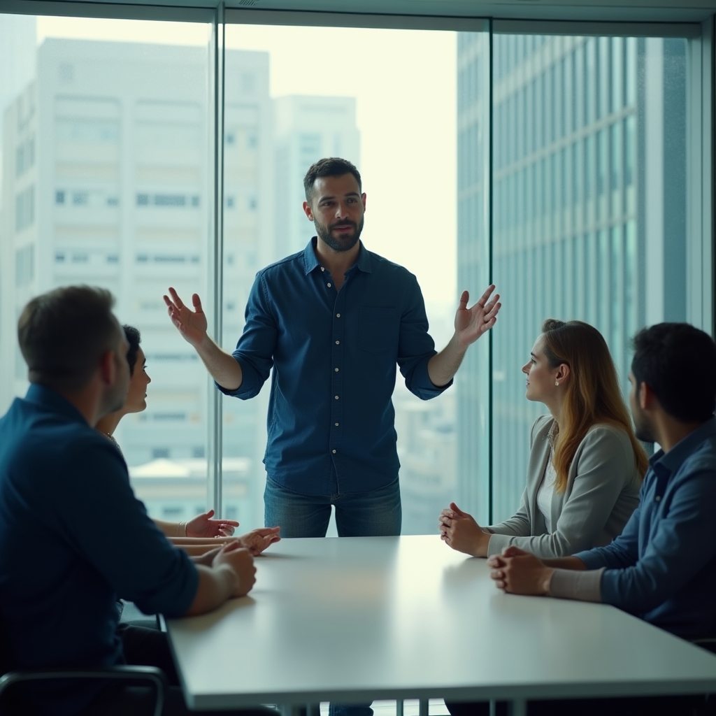 Líder técnico em reunião com equipe, enfrentando desafios de comunicação